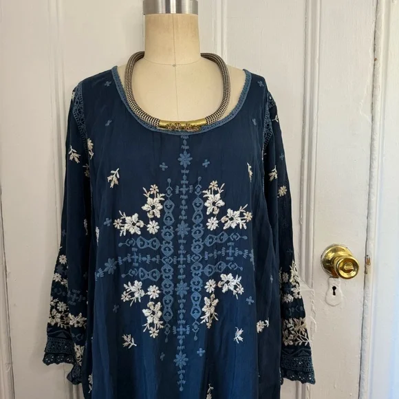 Johnny Was Abella scoop neck blue indigo Embroidered floral lace dress - Picture 8 of 11
